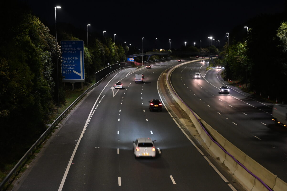 Showing the lit effect of Highway Diamond Elite as motorway lighting.
