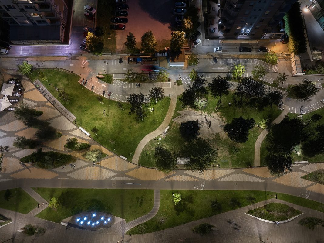 Aerial photo showing the lit affect of iGuzzini outdoor lighting.
