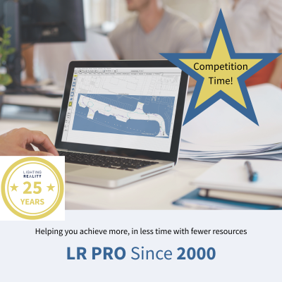 A person working on a laptop, using lighting design software. Competition announcement.